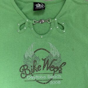 Y2K 00's Bike Week 2008 Women's Shirt XL Green Cutout Collar Rhinestone Bling